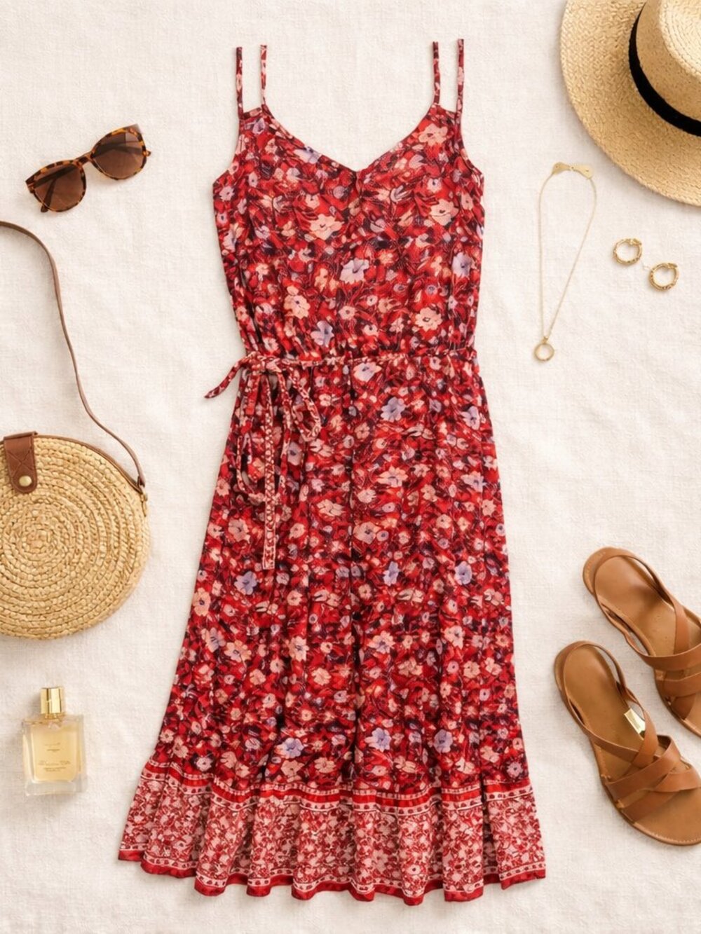 Westport Red Floral Midi Dress | 100% Rayon Spaghetti Strap Summer Dress Size L